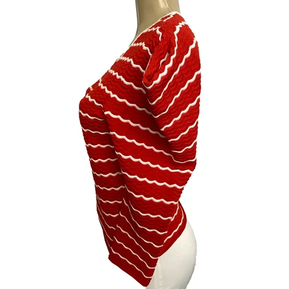 CAROLINA HERRERA Ruffled Striped Pointelle Knit Top Sweater Red White Round S